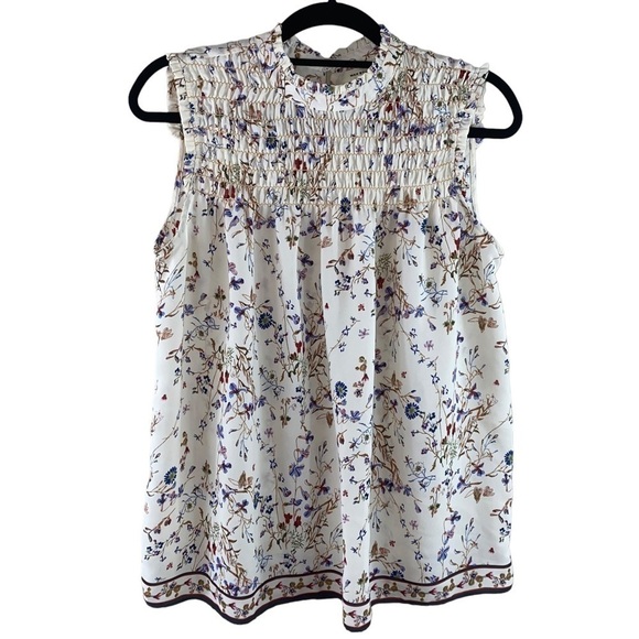 Max Studio Women’s Ivory Floral Smocked Neckline Sleeveless Blouse - Picture 1 of 7